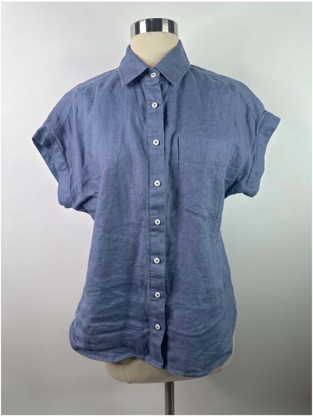 Quince Denim Collared Short Sleeve Button Down Shirt Top